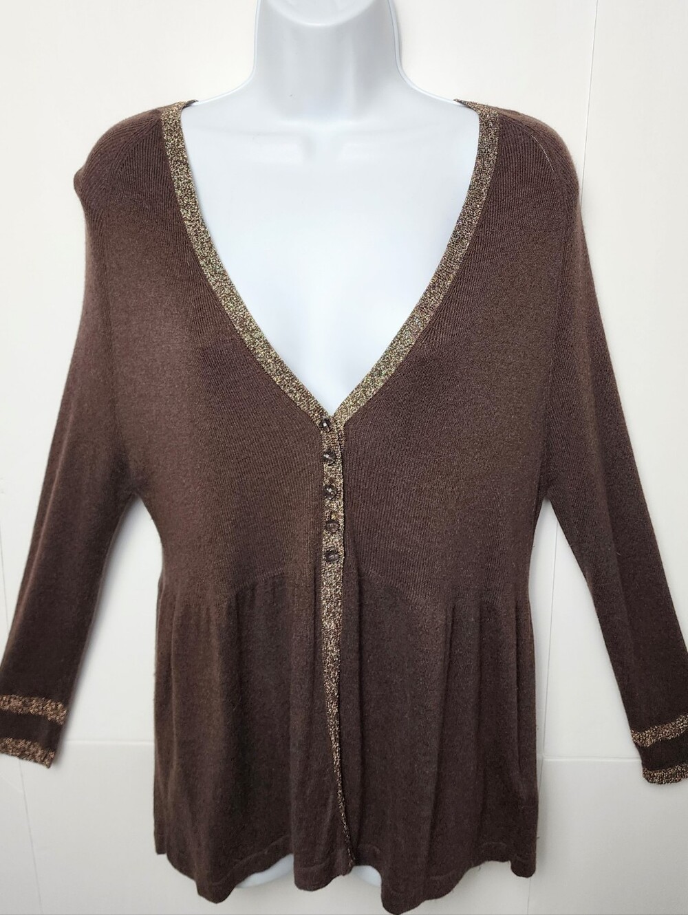 Boden Cardigan Sweater Brown Angora Blend Peplum Womens Sz L Sparkly Y2K Fairy